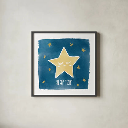Night Sky Sleep Tight by Moira Hershey. Shown in a sleek black glass frame for a contemporary gallery look. Available as an archival giclee rolled canvas, fine art paper, or poster print. SKU 49900a.