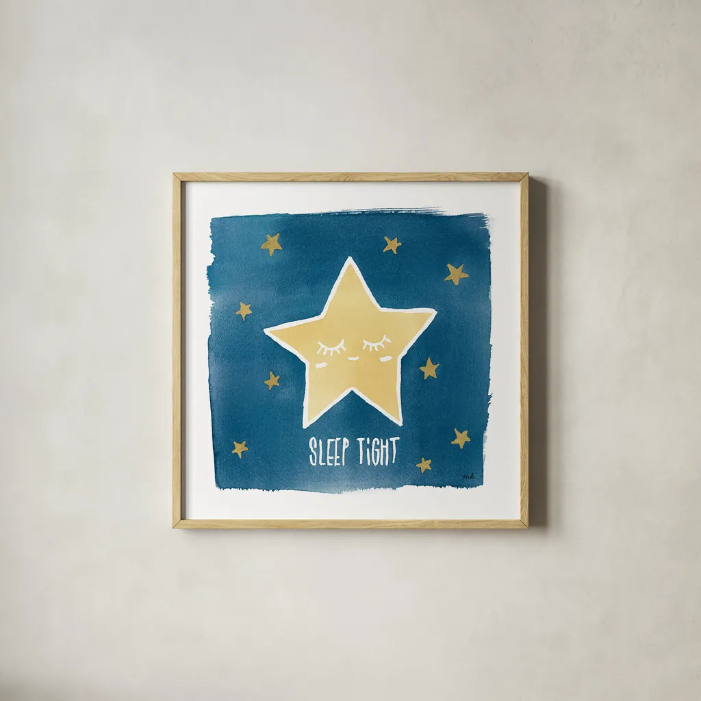 Night Sky Sleep Tight by Moira Hershey. Shown in a natural wood glass frame for a timeless modern aesthetic. Available as an archival giclee rolled canvas, fine art paper, or poster print. SKU 49900a.