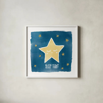 Night Sky Sleep Tight by Moira Hershey. Shown in a crisp white glass frame for a clean and minimalist style. Available as an archival giclee rolled canvas, fine art paper, or poster print. SKU 49900a.