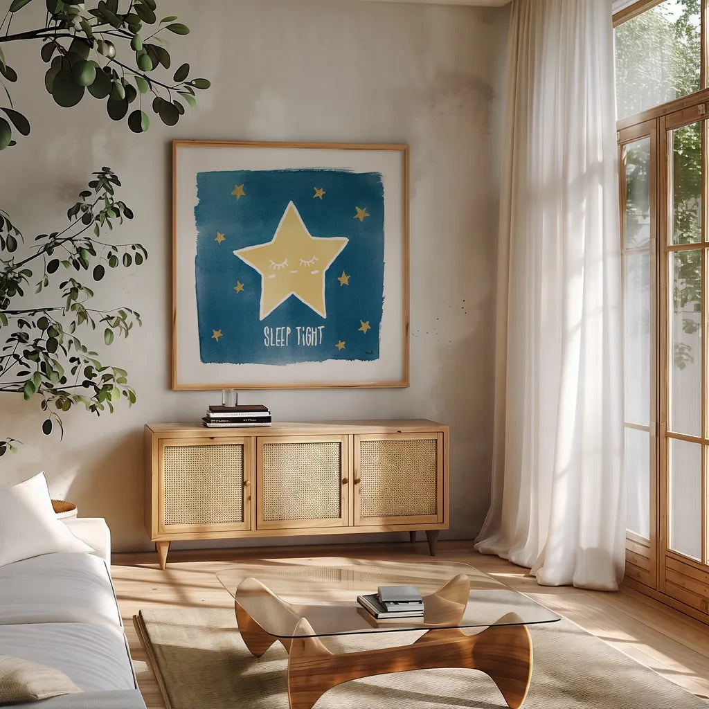 Night Sky Sleep Tight by Moira Hershey. Shown in a natural wood frame in a cozy modern living room. Available as an archival giclee rolled canvas, fine art paper, or poster print. SKU 49900a.