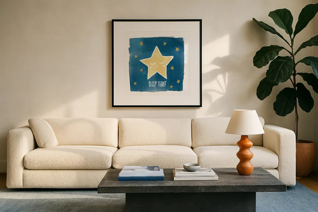 Night Sky Sleep Tight by Moira Hershey. Displayed in a glass frame with matte in a clean modern living room. Available as an archival giclee rolled canvas, fine art paper, or poster print. SKU 49900a.