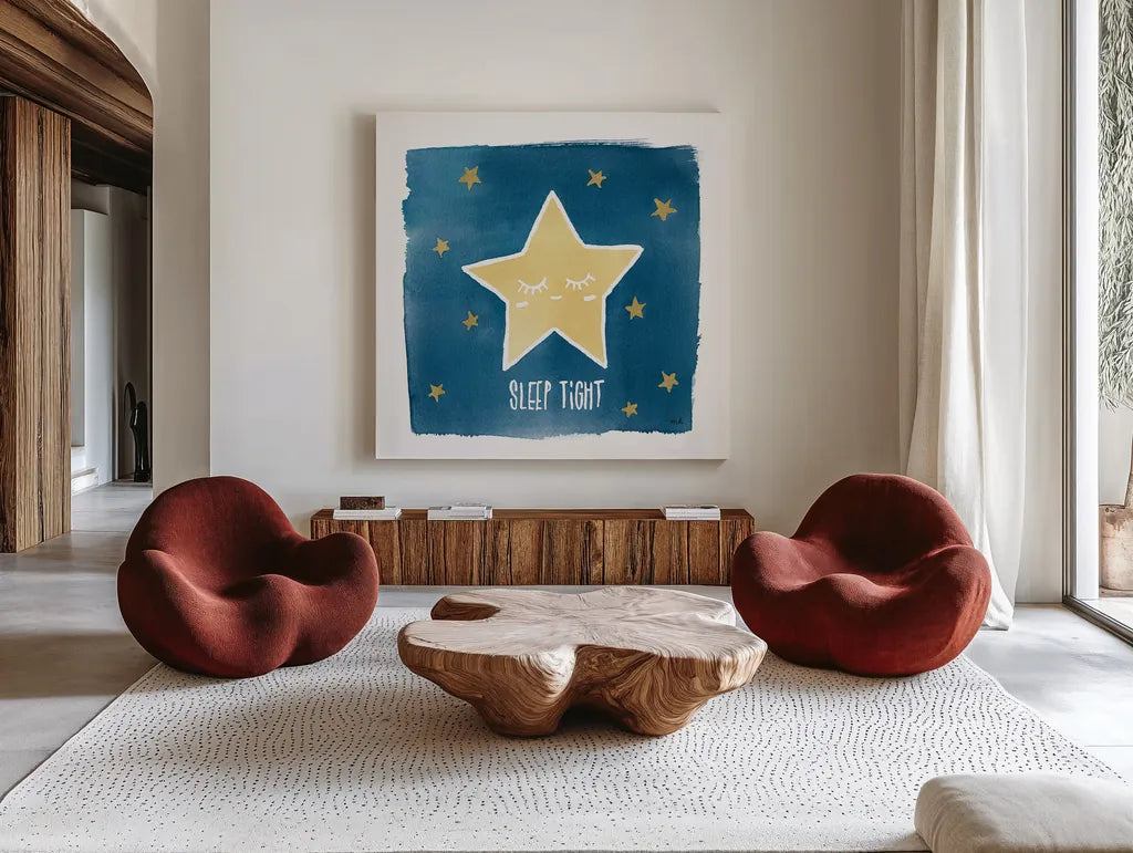 Night Sky Sleep Tight by Moira Hershey. Shown as extra-large giant wall art in a modern living room. Available as an archival giclee rolled canvas, fine art paper, or poster print. SKU 49900a.