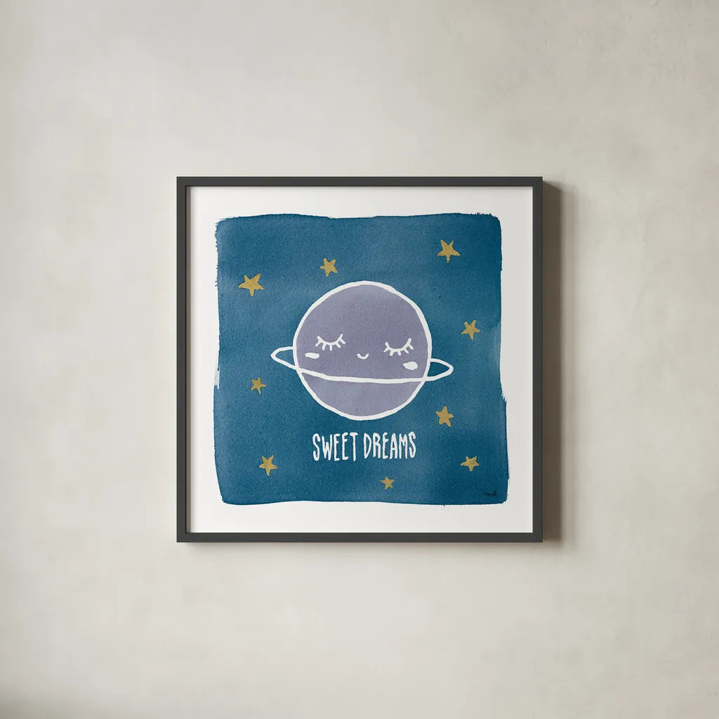 Night Sky Sweet Dreams by Moira Hershey. Shown in a sleek black glass frame for a contemporary gallery look. Available as an archival giclee rolled canvas, fine art paper, or poster print. SKU 49901a.