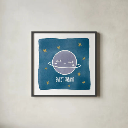 Night Sky Sweet Dreams by Moira Hershey. Shown in a sleek black glass frame for a contemporary gallery look. Available as an archival giclee rolled canvas, fine art paper, or poster print. SKU 49901a.