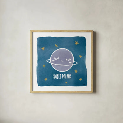 Night Sky Sweet Dreams by Moira Hershey. Shown in a natural wood glass frame for a timeless modern aesthetic. Available as an archival giclee rolled canvas, fine art paper, or poster print. SKU 49901a.