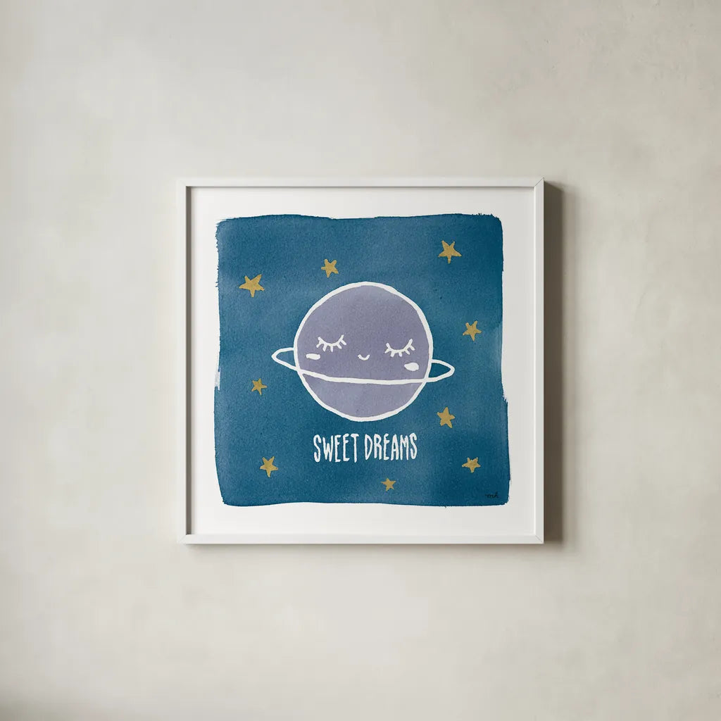 Night Sky Sweet Dreams by Moira Hershey. Shown in a crisp white glass frame for a clean and minimalist style. Available as an archival giclee rolled canvas, fine art paper, or poster print. SKU 49901a.