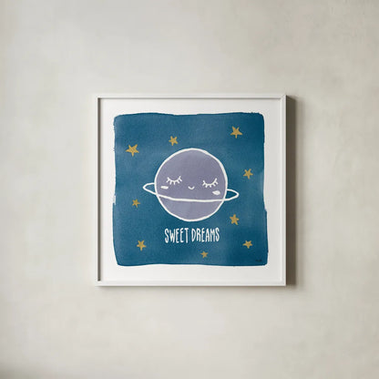 Night Sky Sweet Dreams by Moira Hershey. Shown in a crisp white glass frame for a clean and minimalist style. Available as an archival giclee rolled canvas, fine art paper, or poster print. SKU 49901a.