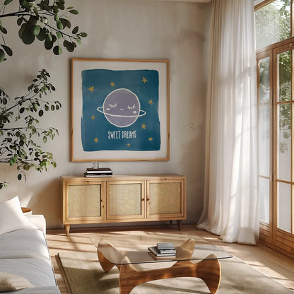 Night Sky Sweet Dreams by Moira Hershey. Shown in a natural wood frame in a cozy modern living room. Available as an archival giclee rolled canvas, fine art paper, or poster print. SKU 49901a.