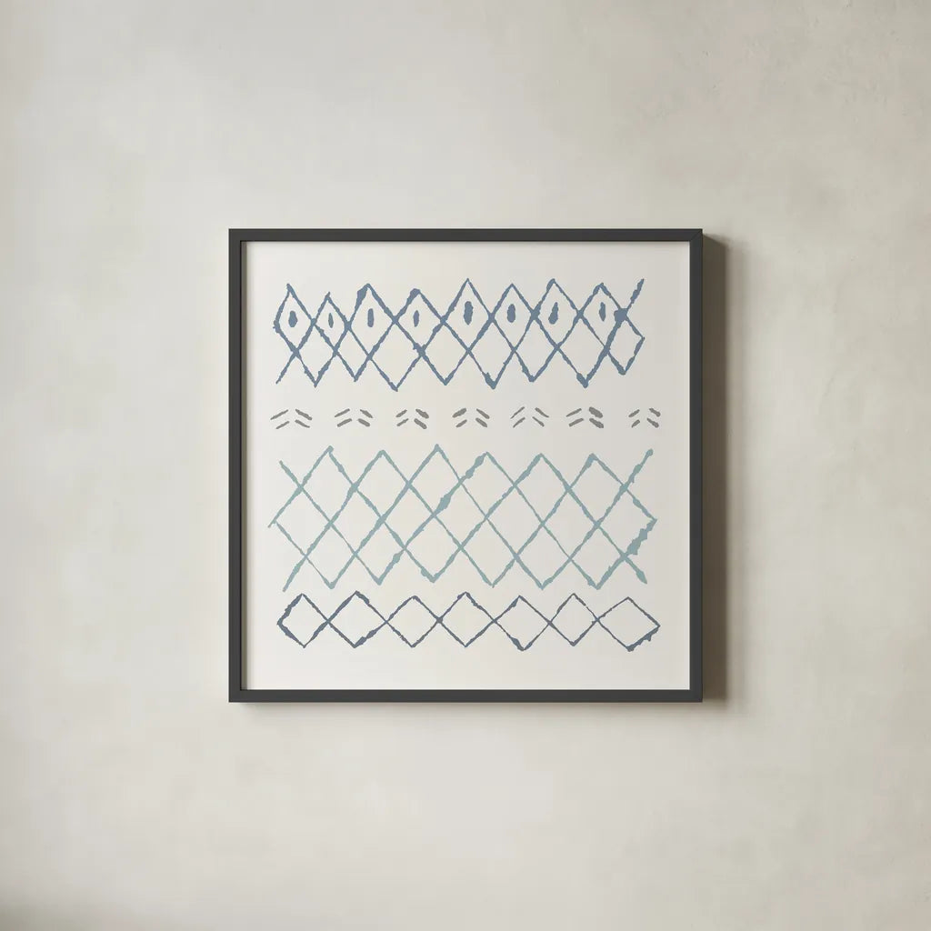 Nordic Vibes I Blue by Moira Hershey. Shown in a sleek black glass frame for a contemporary gallery look. Available as an archival giclee rolled canvas, fine art paper, or poster print. SKU 50075a.