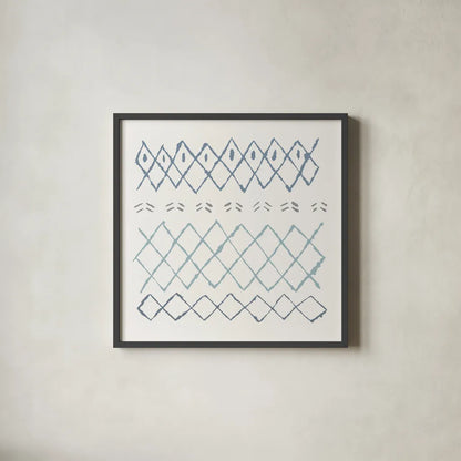 Nordic Vibes I Blue by Moira Hershey. Shown in a sleek black glass frame for a contemporary gallery look. Available as an archival giclee rolled canvas, fine art paper, or poster print. SKU 50075a.