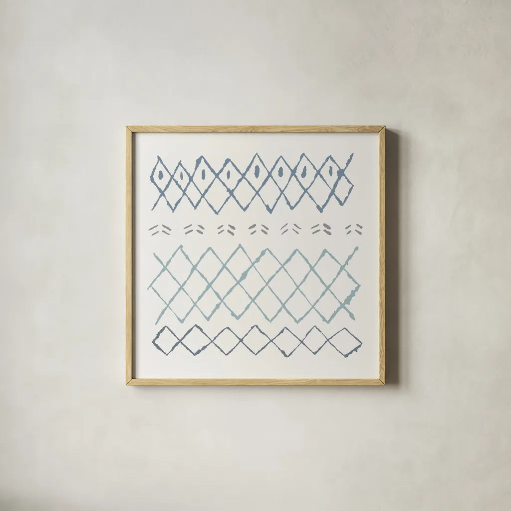 Nordic Vibes I Blue by Moira Hershey. Shown in a natural wood glass frame for a timeless modern aesthetic. Available as an archival giclee rolled canvas, fine art paper, or poster print. SKU 50075a.