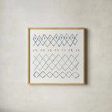 Nordic Vibes I Blue by Moira Hershey. Shown in a natural wood glass frame for a timeless modern aesthetic. Available as an archival giclee rolled canvas, fine art paper, or poster print. SKU 50075a.