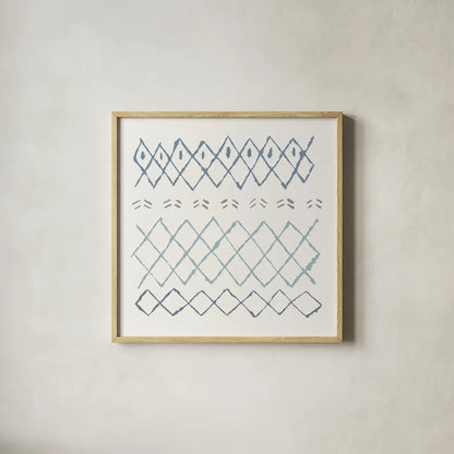 Nordic Vibes I Blue by Moira Hershey. Shown in a natural wood glass frame for a timeless modern aesthetic. Available as an archival giclee rolled canvas, fine art paper, or poster print. SKU 50075a.