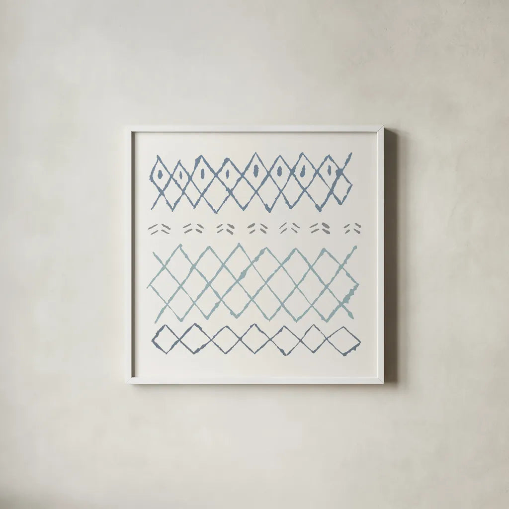 Nordic Vibes I Blue by Moira Hershey. Shown in a crisp white glass frame for a clean and minimalist style. Available as an archival giclee rolled canvas, fine art paper, or poster print. SKU 50075a.