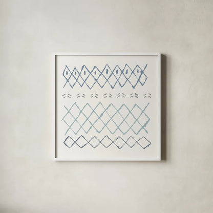 Nordic Vibes I Blue by Moira Hershey. Shown in a crisp white glass frame for a clean and minimalist style. Available as an archival giclee rolled canvas, fine art paper, or poster print. SKU 50075a.