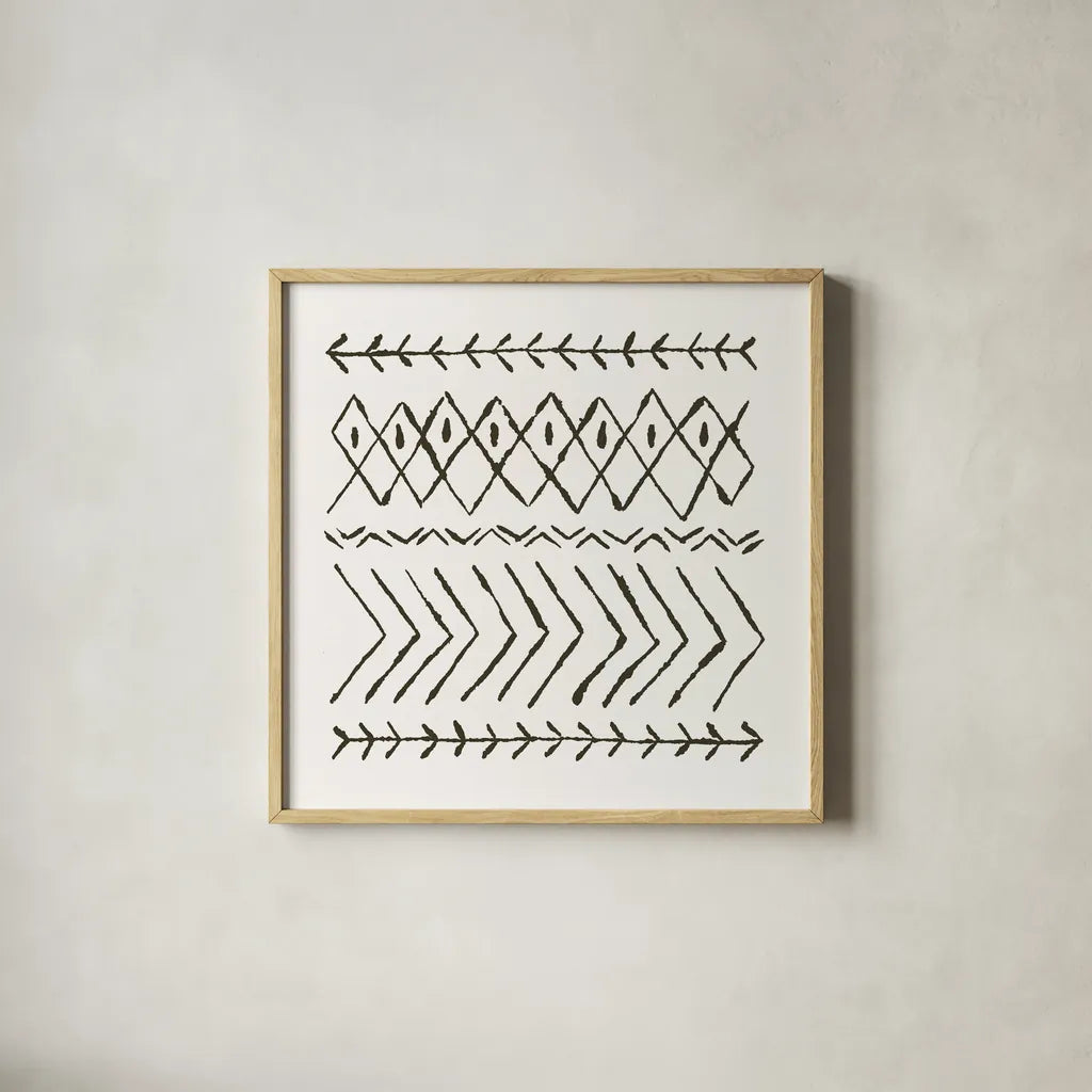 Nordic Vibes II by Moira Hershey. Shown in a natural wood glass frame for a timeless modern aesthetic. Available as an archival giclee rolled canvas, fine art paper, or poster print. SKU 49123a.