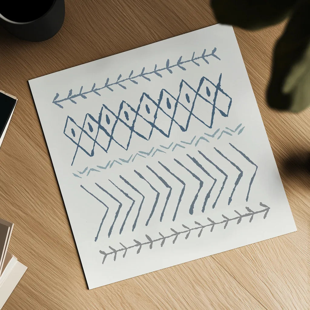 Nordic Vibes II Blue by Moira Hershey. Shown as a detailed flat fine art print, highlighting archival giclee quality. Available as an archival giclee rolled canvas, fine art paper, or poster print. SKU 50076a.