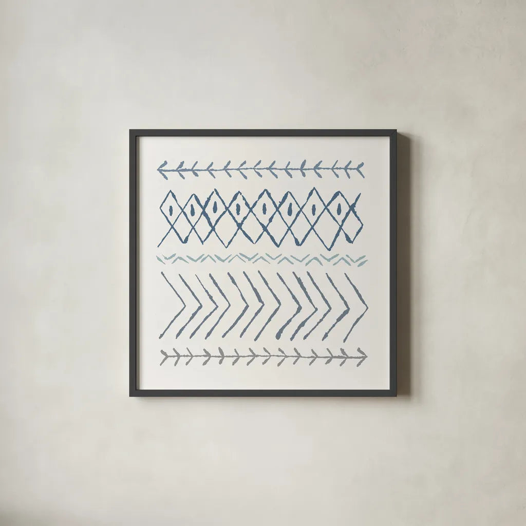 Nordic Vibes II Blue by Moira Hershey. Shown in a sleek black glass frame for a contemporary gallery look. Available as an archival giclee rolled canvas, fine art paper, or poster print. SKU 50076a.