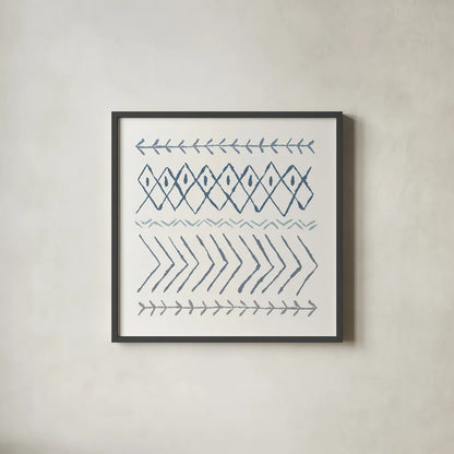 Nordic Vibes II Blue by Moira Hershey. Shown in a sleek black glass frame for a contemporary gallery look. Available as an archival giclee rolled canvas, fine art paper, or poster print. SKU 50076a.