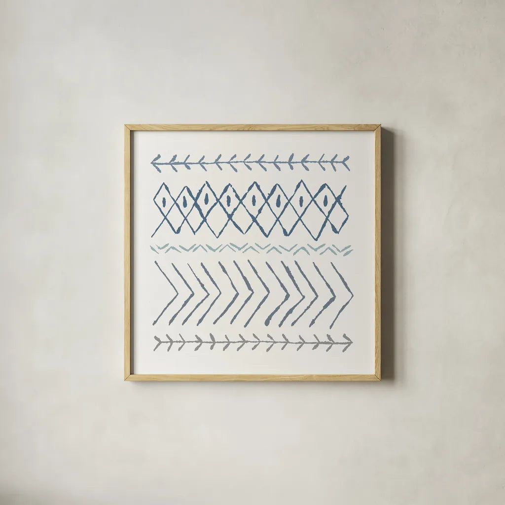 Nordic Vibes II Blue by Moira Hershey. Shown in a natural wood glass frame for a timeless modern aesthetic. Available as an archival giclee rolled canvas, fine art paper, or poster print. SKU 50076a.