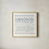 Nordic Vibes II Blue by Moira Hershey. Shown in a natural wood glass frame for a timeless modern aesthetic. Available as an archival giclee rolled canvas, fine art paper, or poster print. SKU 50076a.