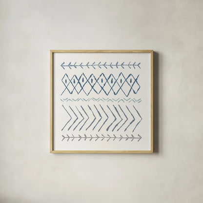 Nordic Vibes II Blue by Moira Hershey. Shown in a natural wood glass frame for a timeless modern aesthetic. Available as an archival giclee rolled canvas, fine art paper, or poster print. SKU 50076a.