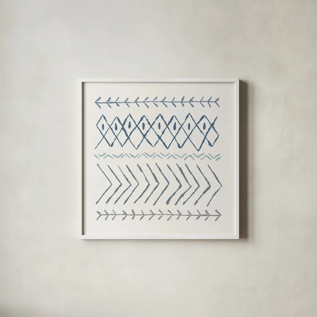 Nordic Vibes II Blue by Moira Hershey. Shown in a crisp white glass frame for a clean and minimalist style. Available as an archival giclee rolled canvas, fine art paper, or poster print. SKU 50076a.