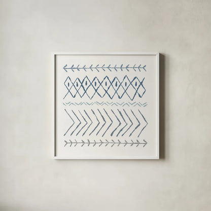Nordic Vibes II Blue by Moira Hershey. Shown in a crisp white glass frame for a clean and minimalist style. Available as an archival giclee rolled canvas, fine art paper, or poster print. SKU 50076a.