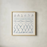 Nordic Vibes III Blue by Moira Hershey. Shown in a natural wood glass frame for a timeless modern aesthetic. Available as an archival giclee rolled canvas, fine art paper, or poster print. SKU 50077a.