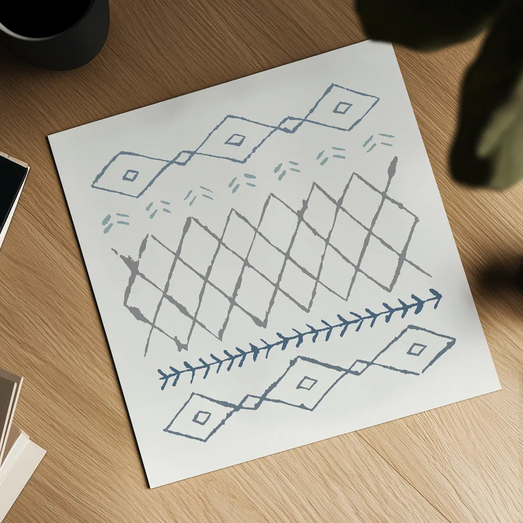 Nordic Vibes IV Blue by Moira Hershey. Shown as a detailed flat fine art print, highlighting archival giclee quality. Available as an archival giclee rolled canvas, fine art paper, or poster print. SKU 50078a.