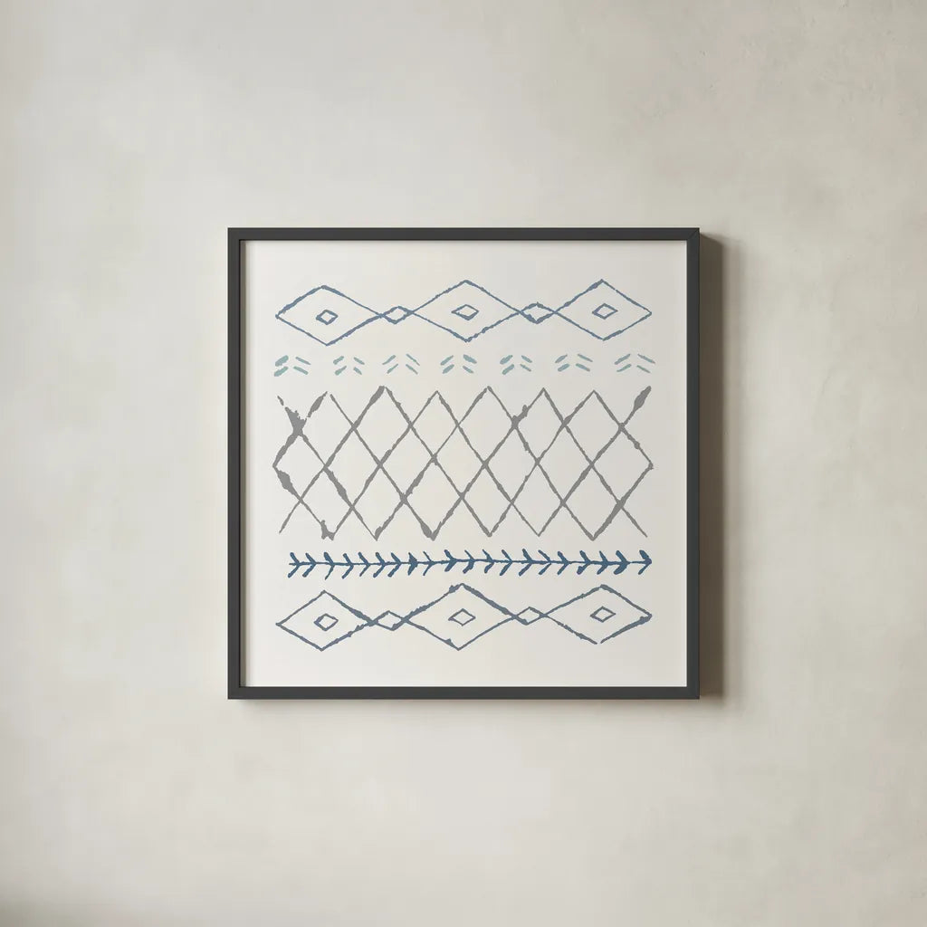 Nordic Vibes IV Blue by Moira Hershey. Shown in a sleek black glass frame for a contemporary gallery look. Available as an archival giclee rolled canvas, fine art paper, or poster print. SKU 50078a.