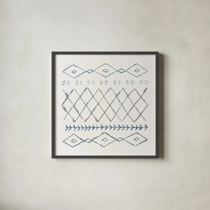 Nordic Vibes IV Blue by Moira Hershey. Shown in a sleek black glass frame for a contemporary gallery look. Available as an archival giclee rolled canvas, fine art paper, or poster print. SKU 50078a.