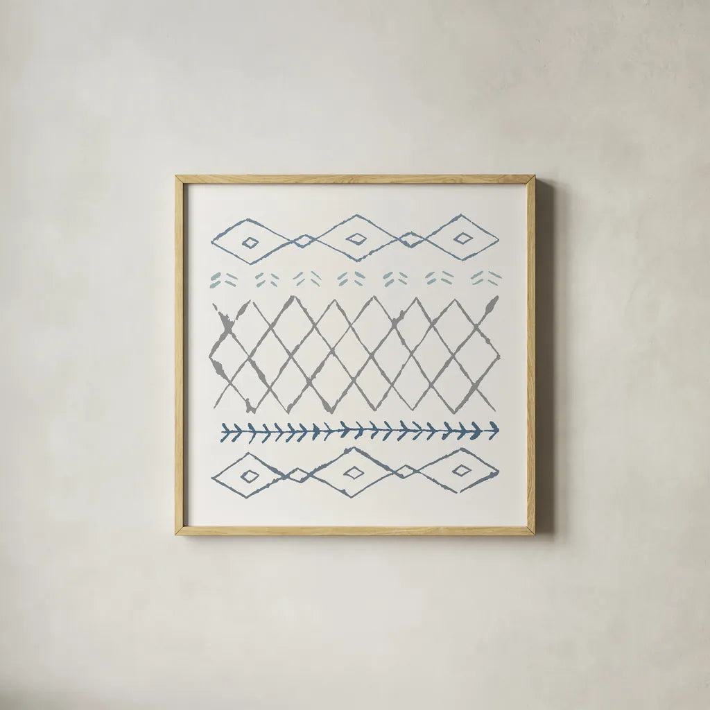 Nordic Vibes IV Blue by Moira Hershey. Shown in a natural wood glass frame for a timeless modern aesthetic. Available as an archival giclee rolled canvas, fine art paper, or poster print. SKU 50078a.