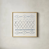 Nordic Vibes IV Blue by Moira Hershey. Shown in a natural wood glass frame for a timeless modern aesthetic. Available as an archival giclee rolled canvas, fine art paper, or poster print. SKU 50078a.