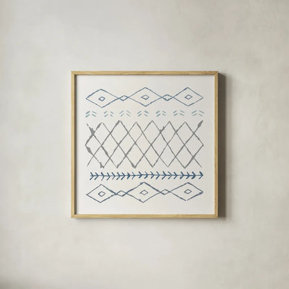 Nordic Vibes IV Blue by Moira Hershey. Shown in a natural wood glass frame for a timeless modern aesthetic. Available as an archival giclee rolled canvas, fine art paper, or poster print. SKU 50078a.