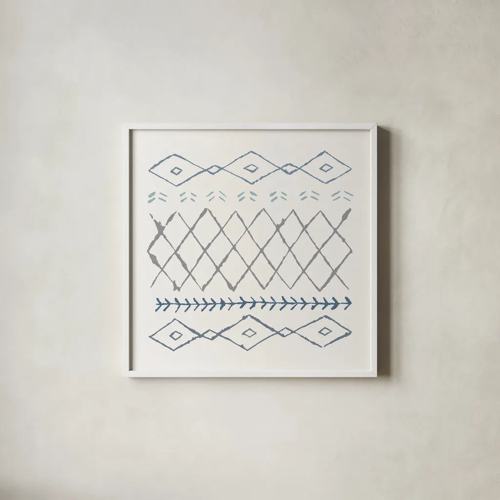 Nordic Vibes IV Blue by Moira Hershey. Shown in a crisp white glass frame for a clean and minimalist style. Available as an archival giclee rolled canvas, fine art paper, or poster print. SKU 50078a.