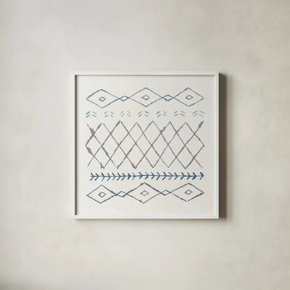 Nordic Vibes IV Blue by Moira Hershey. Shown in a crisp white glass frame for a clean and minimalist style. Available as an archival giclee rolled canvas, fine art paper, or poster print. SKU 50078a.