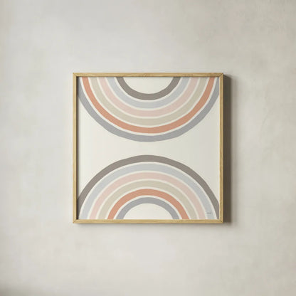 Over The Rainbow I Thick Lines by Moira Hershey. Shown in a natural wood glass frame for a timeless modern aesthetic. Available as an archival giclee rolled canvas, fine art paper, or poster print. SKU 57808a.