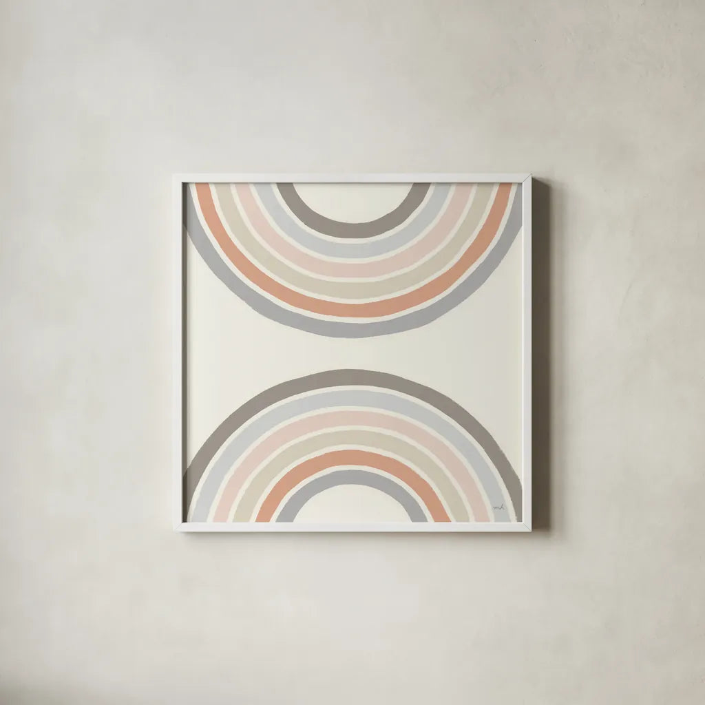 Over The Rainbow I Thick Lines by Moira Hershey. Shown in a crisp white glass frame for a clean and minimalist style. Available as an archival giclee rolled canvas, fine art paper, or poster print. SKU 57808a.