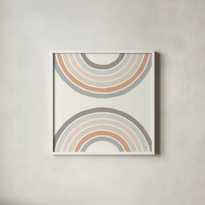 Over The Rainbow I Thick Lines by Moira Hershey. Shown in a crisp white glass frame for a clean and minimalist style. Available as an archival giclee rolled canvas, fine art paper, or poster print. SKU 57808a.