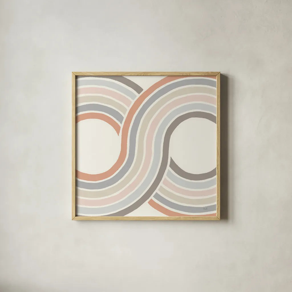 Over The Rainbow II Thick Lines by Moira Hershey. Shown in a natural wood glass frame for a timeless modern aesthetic. Available as an archival giclee rolled canvas, fine art paper, or poster print. SKU 57809a.