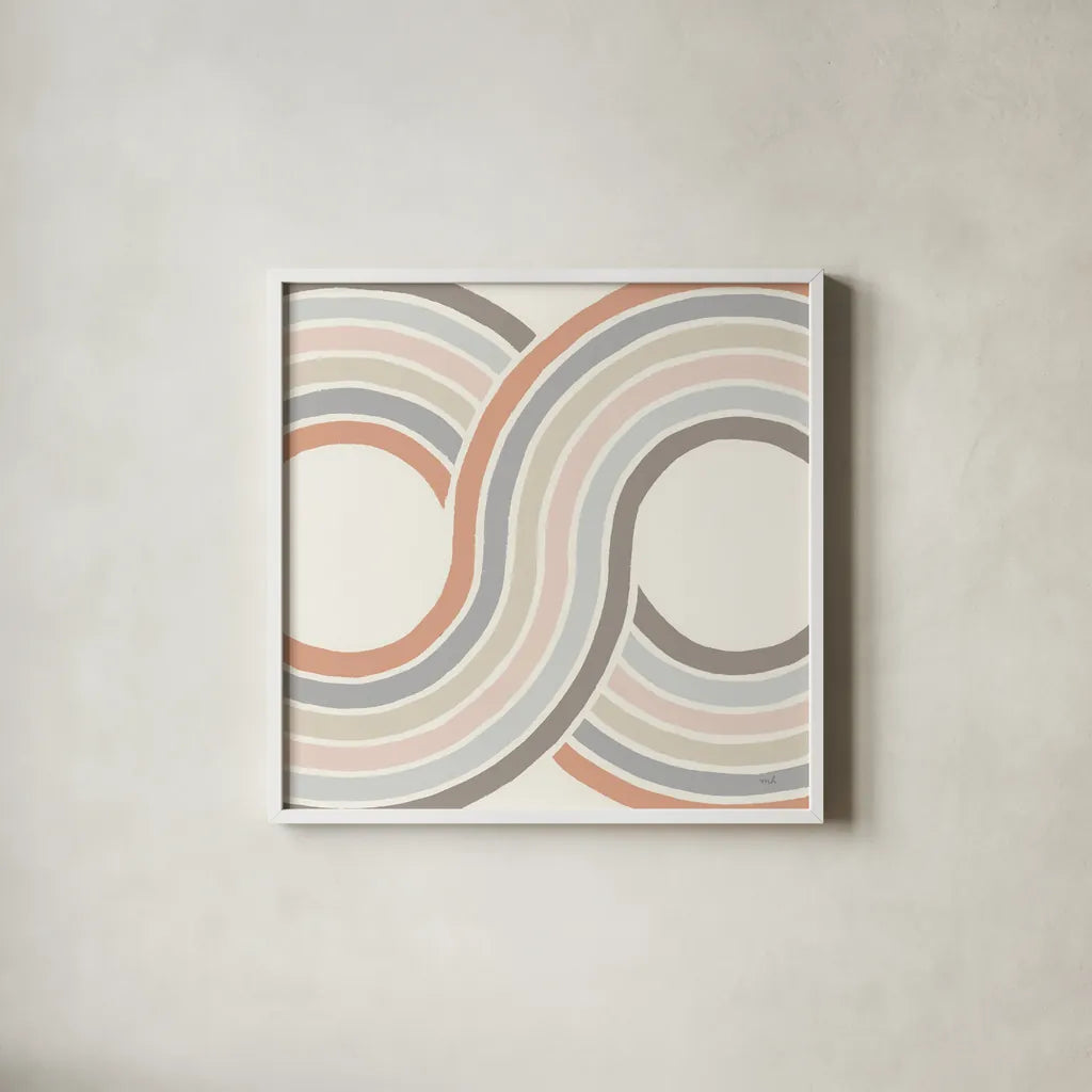 Over The Rainbow II Thick Lines by Moira Hershey. Shown in a crisp white glass frame for a clean and minimalist style. Available as an archival giclee rolled canvas, fine art paper, or poster print. SKU 57809a.