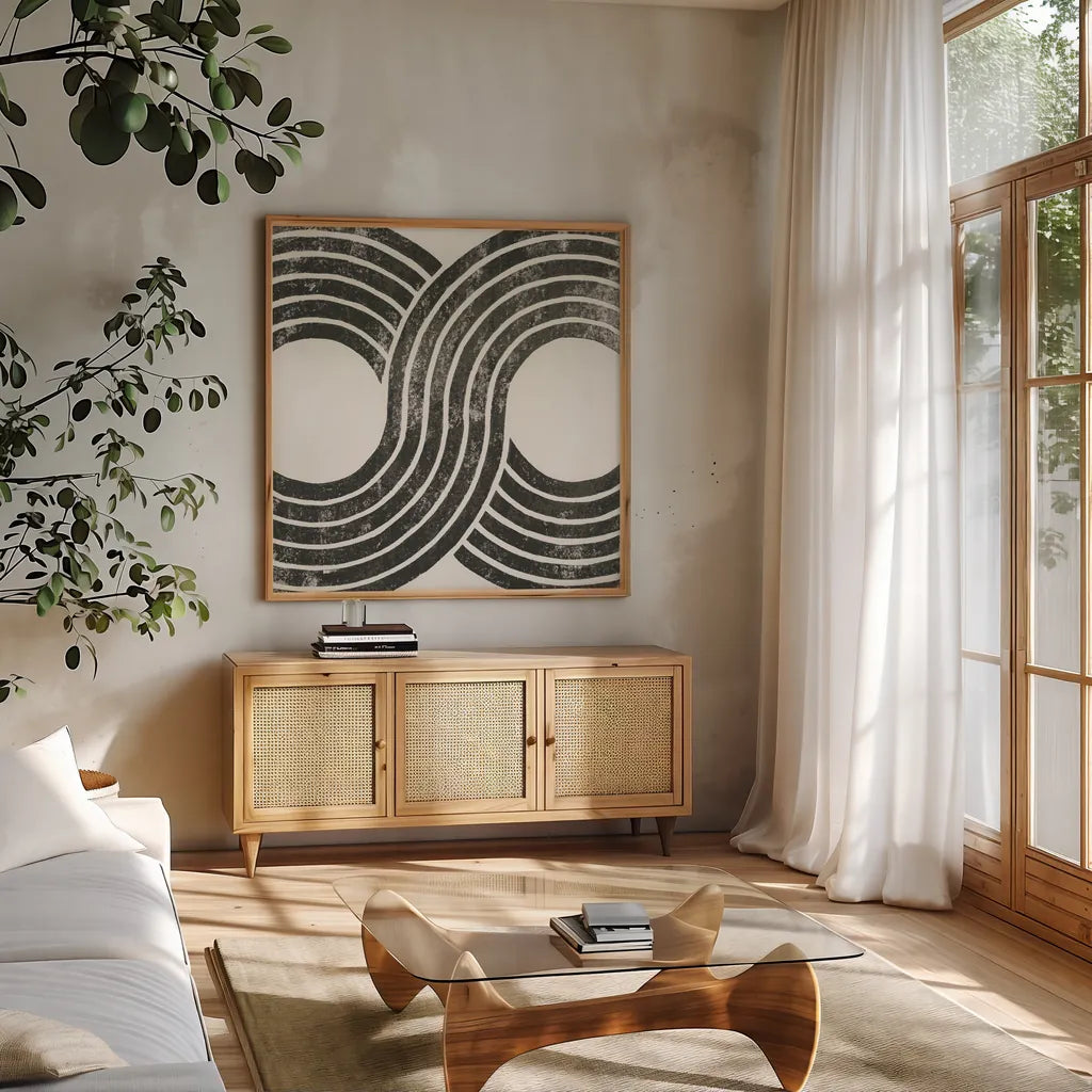 Over the Rainbow BW II by Moira Hershey. Shown in a natural wood frame in a cozy modern living room. Available as an archival giclee rolled canvas, fine art paper, or poster print. SKU 53532a.