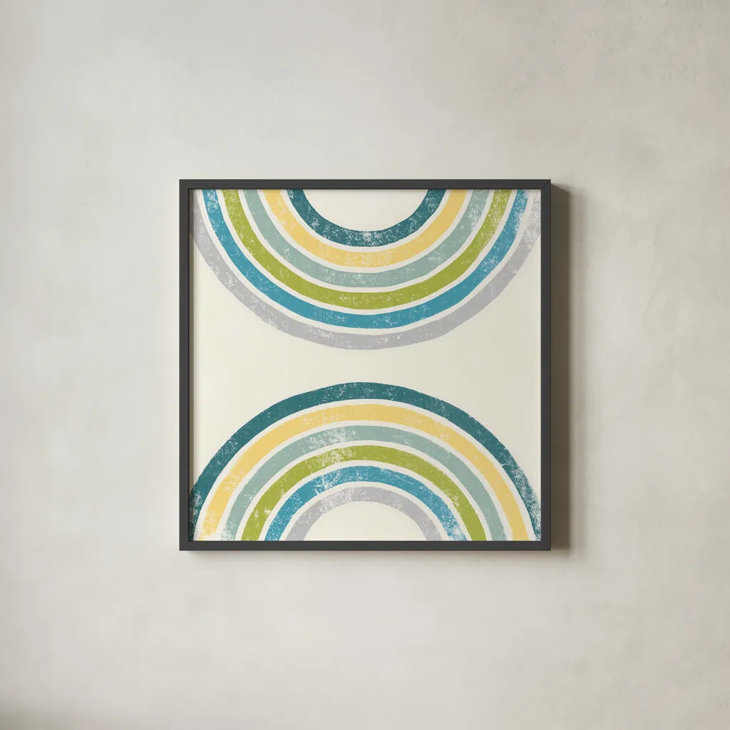 Over the Rainbow I Green by Moira Hershey. Shown in a sleek black glass frame for a contemporary gallery look. Available as an archival giclee rolled canvas, fine art paper, or poster print. SKU 72248a.