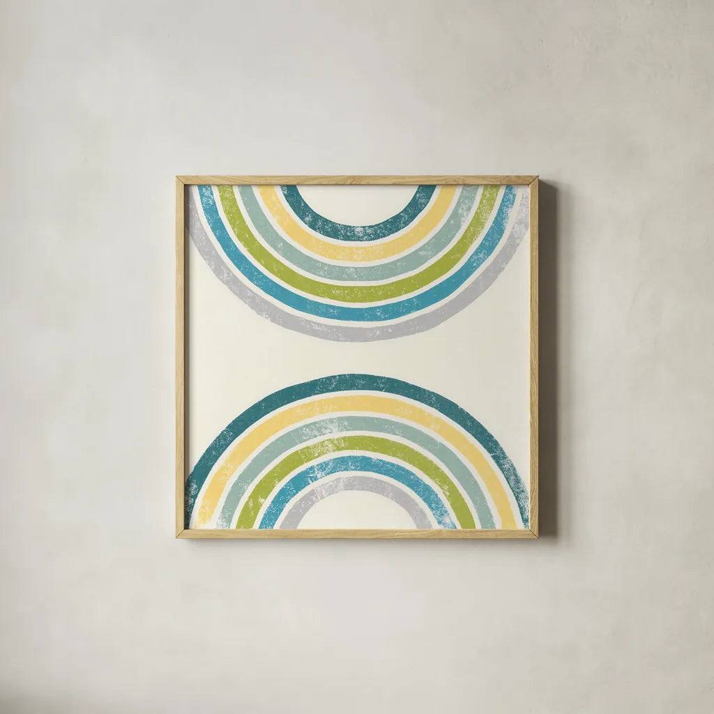 Over the Rainbow I Green by Moira Hershey. Shown in a natural wood glass frame for a timeless modern aesthetic. Available as an archival giclee rolled canvas, fine art paper, or poster print. SKU 72248a.