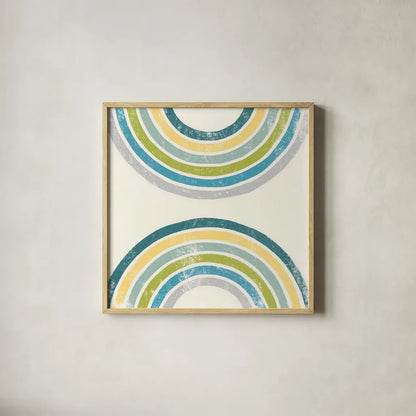 Over the Rainbow I Green by Moira Hershey. Shown in a natural wood glass frame for a timeless modern aesthetic. Available as an archival giclee rolled canvas, fine art paper, or poster print. SKU 72248a.