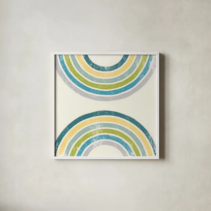 Over the Rainbow I Green by Moira Hershey. Shown in a crisp white glass frame for a clean and minimalist style. Available as an archival giclee rolled canvas, fine art paper, or poster print. SKU 72248a.