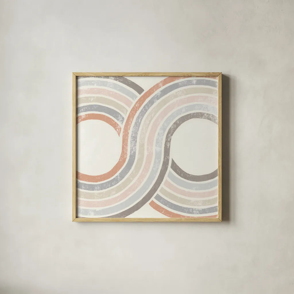 Over the Rainbow II by Moira Hershey. Shown in a natural wood glass frame for a timeless modern aesthetic. Available as an archival giclee rolled canvas, fine art paper, or poster print. SKU 53530a.