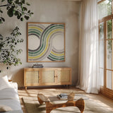 Over the Rainbow II Cabana by Moira Hershey. Shown in a natural wood frame in a cozy modern living room. Available as an archival giclee rolled canvas, fine art paper, or poster print. SKU 68247a.