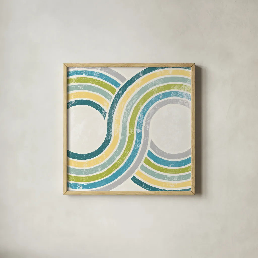 Over the Rainbow II Green by Moira Hershey. Shown in a natural wood glass frame for a timeless modern aesthetic. Available as an archival giclee rolled canvas, fine art paper, or poster print. SKU 72249a.